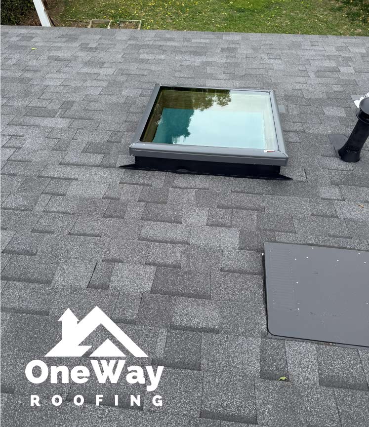 completed asphalt roofing with roof skylight in hemet, ca