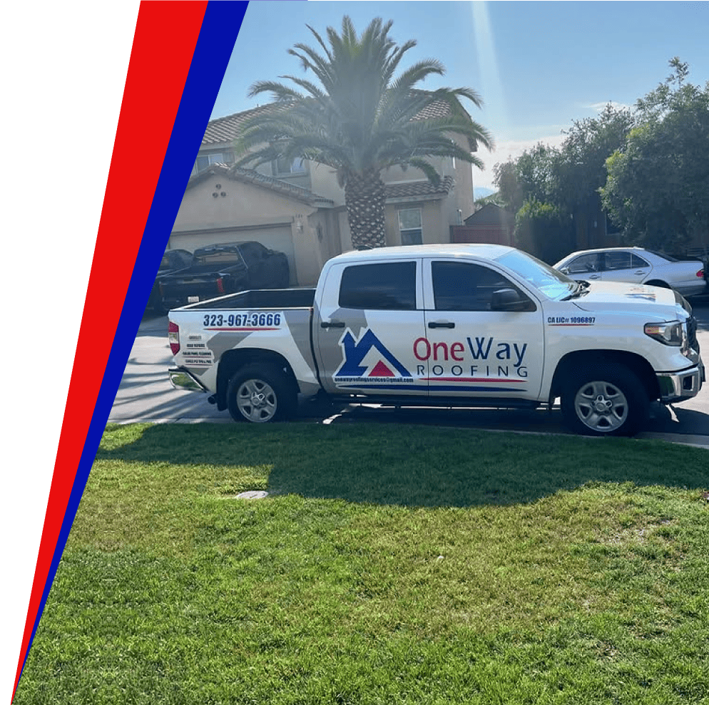 White One Way Roofing Company truck with logo, phone number 323-967-3666, and CA license 1096897 parked in front of a residential home in Hemet CA.